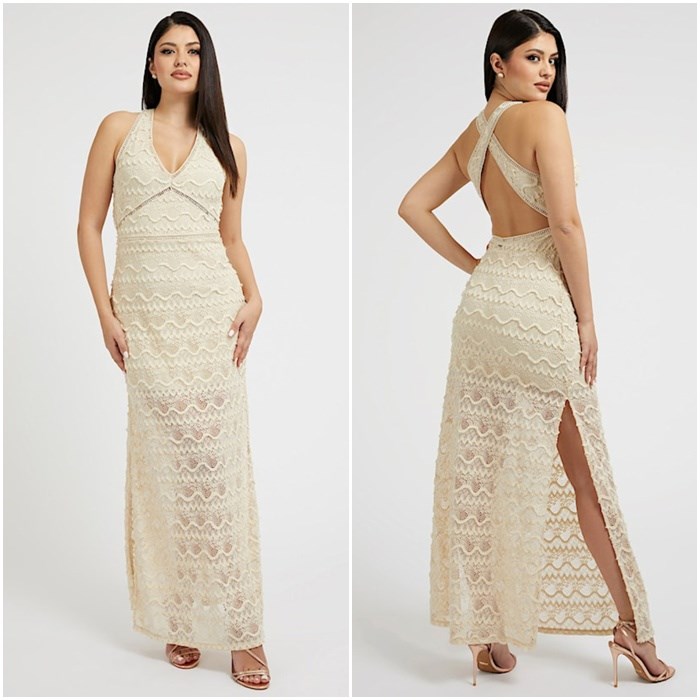 Guess Liza Maxi Φόρεμα Εξώπλατο με Δαντέλα Μπεζ