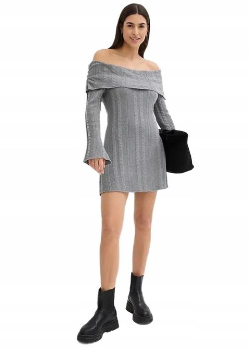 Bonprix Mini Φόρεμα Bardot Πλεκτό Γκρι