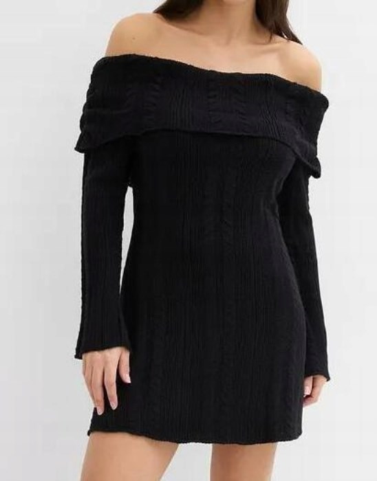 Bonprix Mini Φόρεμα Bardot Πλεκτό Μαύρο